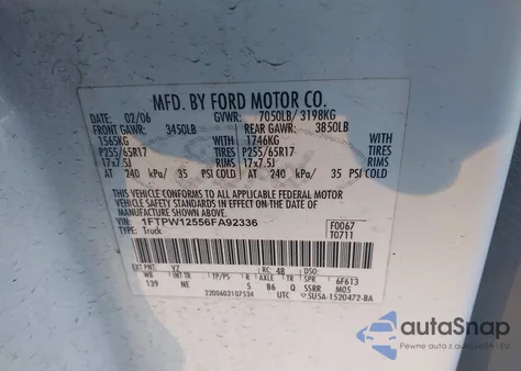 2006 Ford F-150 Lariat/Xlt z USA, uszkodzony, nr VIN 1FTPW12556FA92336